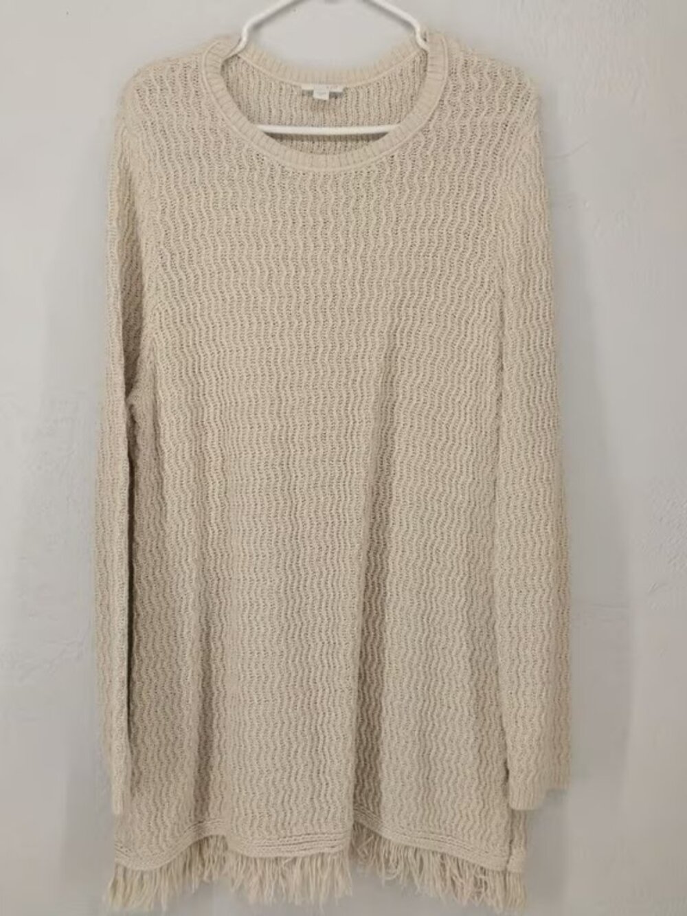 J. Jill Cream Beige Fringe Hem Knit Tunic Sweater Cotton Blend Womens XL
